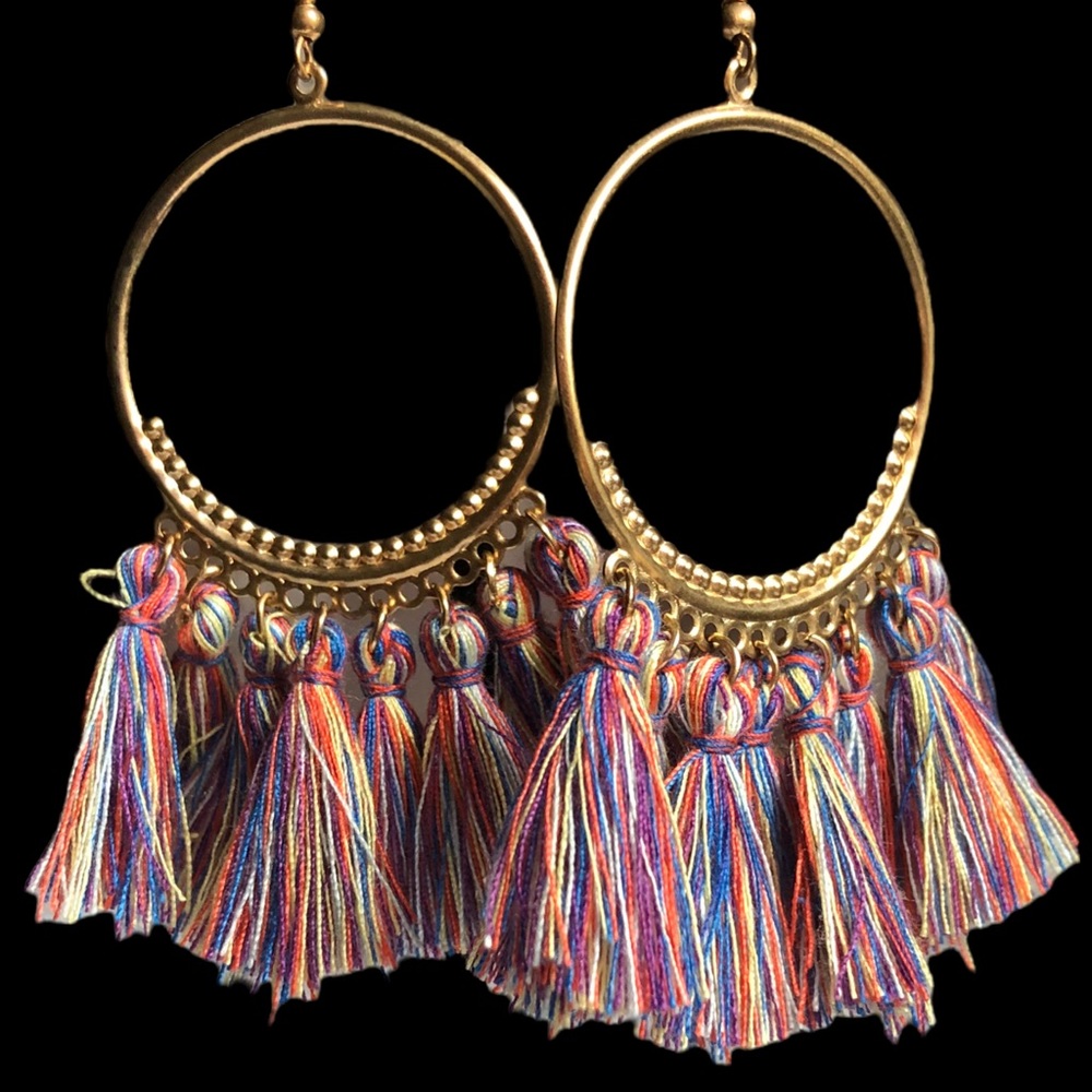 Lightweight Gold Tone Tassel Hoop Earrings